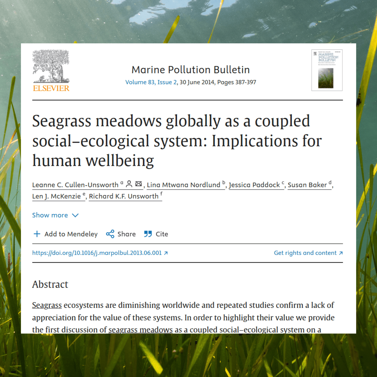 Research Paper: Seagrass meadows globally as a coupled social–ecological system: Implications for human wellbeing